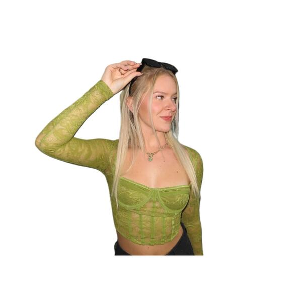 Medium Olive Green Lace Corset‎ Long Sleeve Crop Top Bustier Corset Mesh Panel - Picture 1 of 6